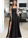 Khloe A-Line Square Neckline Floor-Length Satin Prom Dresses With Split Front Pockets UKP0014123