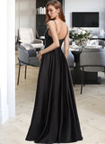 Khloe A-Line Square Neckline Floor-Length Satin Prom Dresses With Split Front Pockets UKP0014123