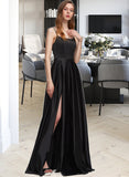 Khloe A-Line Square Neckline Floor-Length Satin Prom Dresses With Split Front Pockets UKP0014123