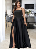 Khloe A-Line Square Neckline Floor-Length Satin Prom Dresses With Split Front Pockets UKP0014123