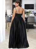 Khloe A-Line Square Neckline Floor-Length Satin Prom Dresses With Split Front Pockets UKP0014123