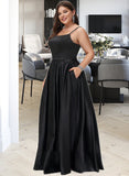 Khloe A-Line Square Neckline Floor-Length Satin Prom Dresses With Split Front Pockets UKP0014123