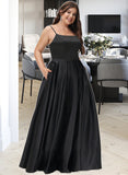 Khloe A-Line Square Neckline Floor-Length Satin Prom Dresses With Split Front Pockets UKP0014123