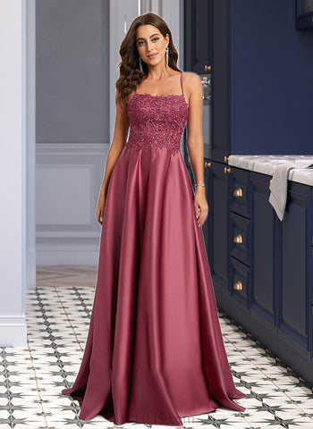 Nell A-Line Square Neckline Sweep Train Satin Prom Dresses With Beading Sequins UKP0014124