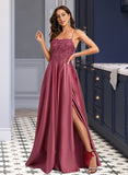 Nell A-Line Square Neckline Sweep Train Satin Prom Dresses With Beading Sequins UKP0014124