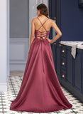 Nell A-Line Square Neckline Sweep Train Satin Prom Dresses With Beading Sequins UKP0014124