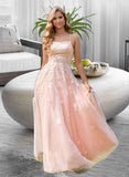 Kelsey Ball-Gown/Princess Square Neckline Floor-Length Tulle Prom Dresses With Lace Sequins UKP0014125