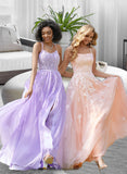 Kelsey Ball-Gown/Princess Square Neckline Floor-Length Tulle Prom Dresses With Lace Sequins UKP0014125