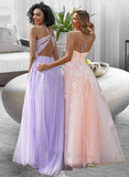 Kelsey Ball-Gown/Princess Square Neckline Floor-Length Tulle Prom Dresses With Lace Sequins UKP0014125