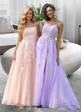 Kelsey Ball-Gown/Princess Square Neckline Floor-Length Tulle Prom Dresses With Lace Sequins UKP0014125