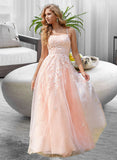 Kelsey Ball-Gown/Princess Square Neckline Floor-Length Tulle Prom Dresses With Lace Sequins UKP0014125