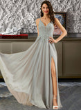 Joyce A-Line V-neck Floor-Length Chiffon Prom Dresses With Lace Sequins Split Front UKP0014128