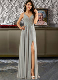 Joyce A-Line V-neck Floor-Length Chiffon Prom Dresses With Lace Sequins Split Front UKP0014128