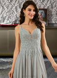 Joyce A-Line V-neck Floor-Length Chiffon Prom Dresses With Lace Sequins Split Front UKP0014128