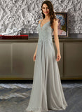 Joyce A-Line V-neck Floor-Length Chiffon Prom Dresses With Lace Sequins Split Front UKP0014128