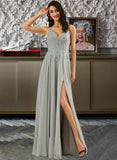 Joyce A-Line V-neck Floor-Length Chiffon Prom Dresses With Lace Sequins Split Front UKP0014128