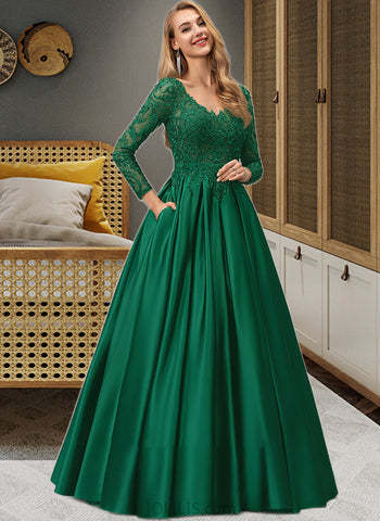 Kyra Ball-Gown/Princess V-neck Floor-Length Satin Prom Dresses With Lace Beading Sequins Pockets UKP0014129