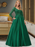 Kyra Ball-Gown/Princess V-neck Floor-Length Satin Prom Dresses With Lace Beading Sequins Pockets UKP0014129