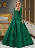 Kyra Ball-Gown/Princess V-neck Floor-Length Satin Prom Dresses With Lace Beading Sequins Pockets UKP0014129