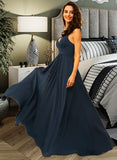 Lillianna A-Line V-neck Floor-Length Chiffon Prom Dresses With Ruffle UKP0014130