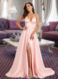 Clare A-line V-Neck Sweep Train Satin Prom Dresses UKP0014131