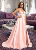 Clare A-line V-Neck Sweep Train Satin Prom Dresses UKP0014131