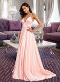 Clare A-line V-Neck Sweep Train Satin Prom Dresses UKP0014131