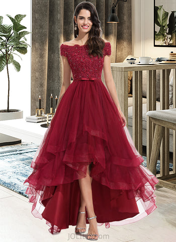 Rylie Ball-Gown/Princess Off-the-Shoulder Asymmetrical Tulle Prom Dresses With Beading Sequins Bow(s) UKP0014132