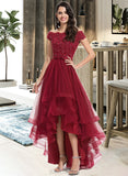 Rylie Ball-Gown/Princess Off-the-Shoulder Asymmetrical Tulle Prom Dresses With Beading Sequins Bow(s) UKP0014132