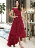 Rylie Ball-Gown/Princess Off-the-Shoulder Asymmetrical Tulle Prom Dresses With Beading Sequins Bow(s) UKP0014132