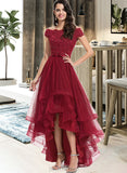 Rylie Ball-Gown/Princess Off-the-Shoulder Asymmetrical Tulle Prom Dresses With Beading Sequins Bow(s) UKP0014132