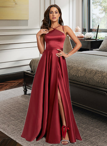 Gwendolyn A-line Halter Floor-Length Satin Prom Dresses UKP0014135