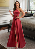 Gwendolyn A-line Halter Floor-Length Satin Prom Dresses UKP0014135