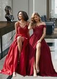 Kaila Ball-Gown/Princess V-neck Sweep Train Satin Prom Dresses With Beading Sequins Split Front UKP0014137