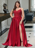 Kaila Ball-Gown/Princess V-neck Sweep Train Satin Prom Dresses With Beading Sequins Split Front UKP0014137