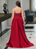 Kaila Ball-Gown/Princess V-neck Sweep Train Satin Prom Dresses With Beading Sequins Split Front UKP0014137