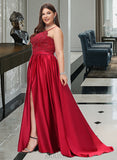 Kaila Ball-Gown/Princess V-neck Sweep Train Satin Prom Dresses With Beading Sequins Split Front UKP0014137