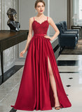 Kaila Ball-Gown/Princess V-neck Sweep Train Satin Prom Dresses With Beading Sequins Split Front UKP0014137