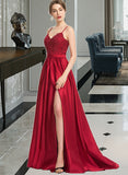 Kaila Ball-Gown/Princess V-neck Sweep Train Satin Prom Dresses With Beading Sequins Split Front UKP0014137