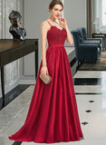 Kaila Ball-Gown/Princess V-neck Sweep Train Satin Prom Dresses With Beading Sequins Split Front UKP0014137