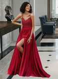 Kaila Ball-Gown/Princess V-neck Sweep Train Satin Prom Dresses With Beading Sequins Split Front UKP0014137