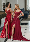 Kaila Ball-Gown/Princess V-neck Sweep Train Satin Prom Dresses With Beading Sequins Split Front UKP0014137