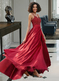 Kaila Ball-Gown/Princess V-neck Sweep Train Satin Prom Dresses With Beading Sequins Split Front UKP0014137