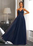 Kaylie A-Line V-neck Floor-Length Tulle Prom Dresses With Beading Sequins UKP0014138