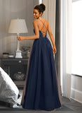 Kaylie A-Line V-neck Floor-Length Tulle Prom Dresses With Beading Sequins UKP0014138