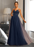 Kaylie A-Line V-neck Floor-Length Tulle Prom Dresses With Beading Sequins UKP0014138