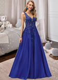 Alma A-Line V-neck Floor-Length Satin Prom Dresses With Lace Sequins UKP0014139