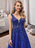 Alma A-Line V-neck Floor-Length Satin Prom Dresses With Lace Sequins UKP0014139