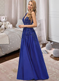 Alma A-Line V-neck Floor-Length Satin Prom Dresses With Lace Sequins UKP0014139