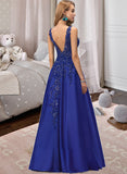 Alma A-Line V-neck Floor-Length Satin Prom Dresses With Lace Sequins UKP0014139